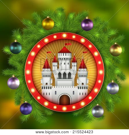 Christmas card with white castle, Christmas tree balls and branches of a Christmas tree. Christmas illustration with celebratory elements. White medieval castle with red flags on the spiers