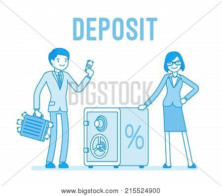 Deposit man and woman money investors standing near safe box. Transferring into a bank savings or checking accounts to get profit with percentage rate. Vector business concept line art illustration