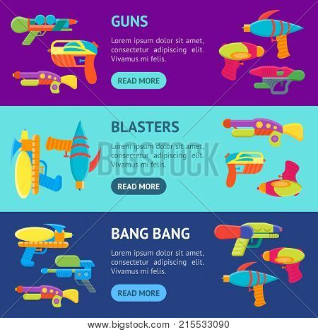 Cartoon Toy Water Guns Banner Horizontal Set Fun for Kids. Vector illustration