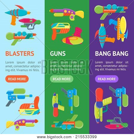 Cartoon Toy Water Guns Banner Vecrtical Set Fun for Kids. Vector illustration