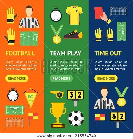 Cartoon Soccer Sport Game Banner Vecrtical Set Football Professional Equipment and Elements. Vector illustration