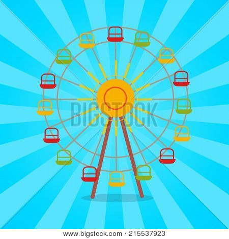 Colorful attraction, ferris wheel icon amusement carousel vector in concept of Oktoberfest or Octoberfest festival on background with rays