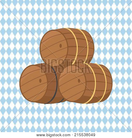 Wooden barrels with beer vector illustration isolated on checkered background. Three casks or tuns hollow cylindrical container, made of wooden staves