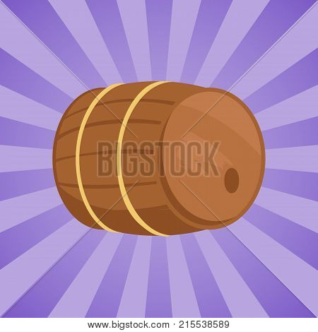 Wooden barrel with alcohol drink vector illustration. Cylindrical container, made of wooden staves bound by metal hoops on purpe background with rays