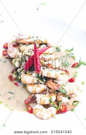 spicy garlic and wine prawns modern fusion gourmet food cuisine meal