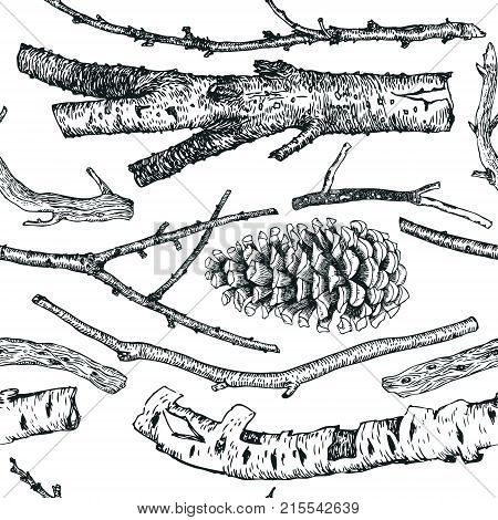 Driftwood background Black and white colors Sketch style
