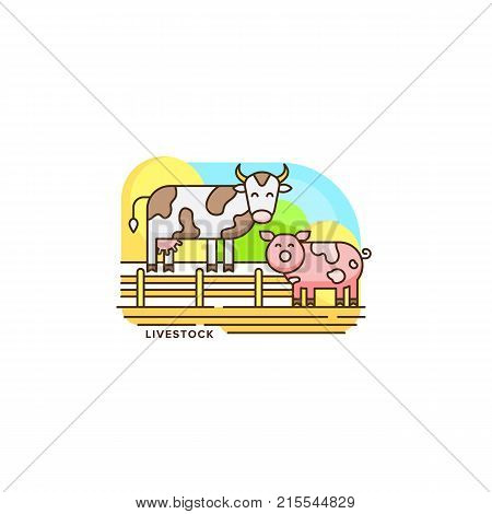 Farm livestock line icon. Farming illustration of cow and pig vector flat design isolated on white background. Farm logo template, element for agriculture business, linear icon object