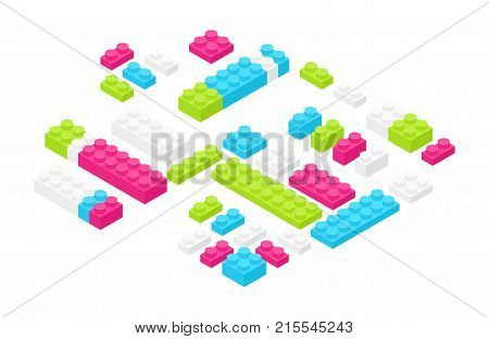 Isometric colorful plastic construction details, parts or pieces isolated on white background. Bright interlocking toy bricks or building blocks. Constructing set for children. Vector illustration