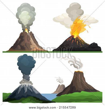 Volcano eruption, flames and burning lava, cloud of smoke and ashes left after it represented on vector illustration isolated on white