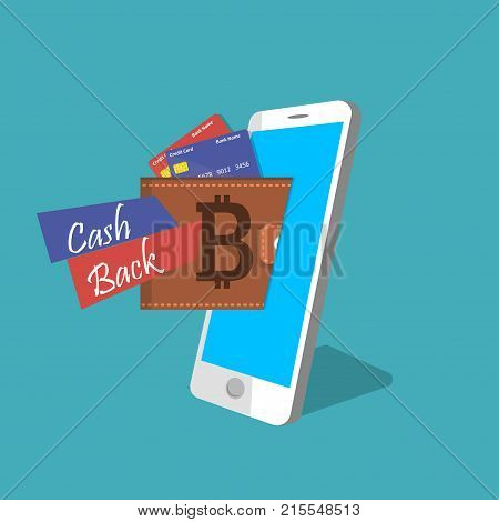 Mobile wallet with bitcoin cryptocurrency. Online payment design. Blockchain technology. Cryptocurrensy integrated in bank. Cashback on credit card or mobile wallet
