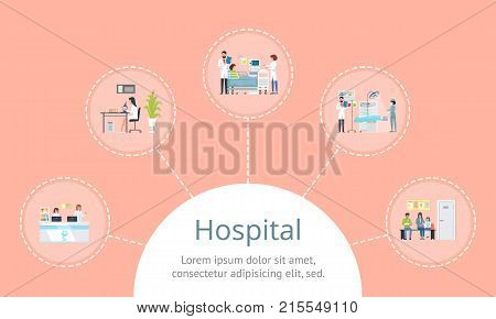 Hospital in circular shape, pictures of doctors and nurses connected to title with help of lines on vector illustration isolated on coral