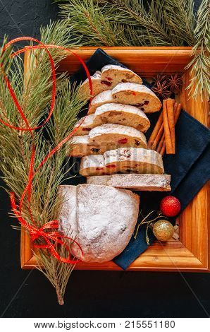 Slices Of Dresden Stollen With Dried Cranberies And Nuts. Festive European Dessert. Christmas Baking