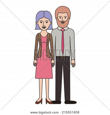 couple colorful silhouette and her with blouse and jacket and skirt and heel shoes with short straight hairstyle and him with shirt and tie and pants and shoes with short hair and bearded vector illustration