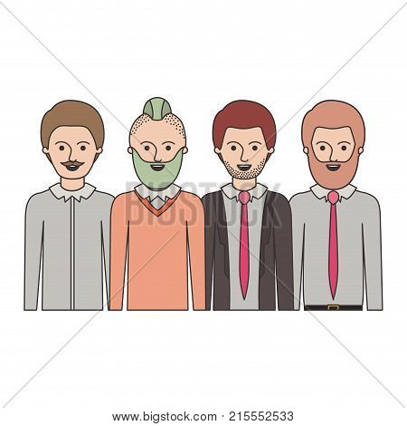 men in half body with casual clothes with short hair and some with beard and moustache in colorful silhouette vector illustration