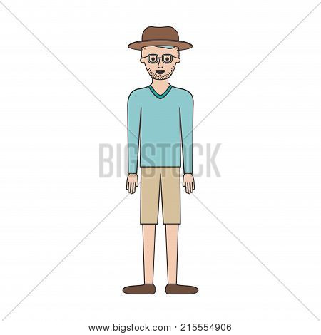 man with hat and glasses and sweater and short pants and shoes with short hair and stubble beard in colorful silhouette vector illustration
