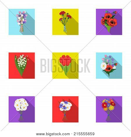A bouquet of fresh flowers flat icons in set collection for design. Various bouquets vector symbol stock illustration.