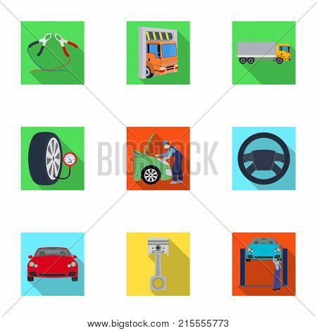 Car, lift, pump and other equipment flat icons in set collection for design. Car maintenance station vector symbol stock illustration .