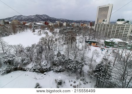 SapporoJapan- 9 February 2017: Panoramic view of Nakajima park at winter,snow covered ground.A nature- rich space public park near the city center in Sapporo,Hokkaido,Japan.