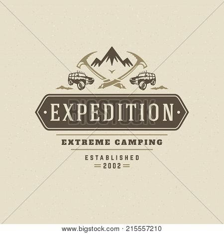 Off road cars logo emblem vector illustration. Outdoor extreme adventure expedition, safari suv silhouette shirt, print stamp. Vintage typography badge design.