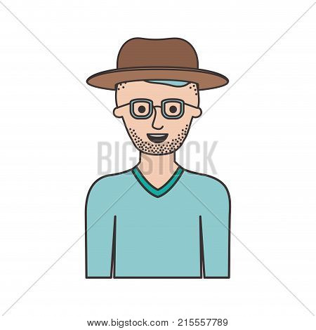 man half body with hat and glasses and sweater with short hair and stubble beard in colorful silhouette vector illustration