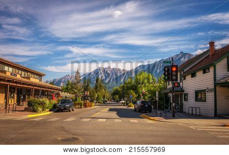 CANMORE, ALBERTA, CANADA - JUNE 26, 2017 : On the streets of Canmore in canadian Rocky Mountains. Canmore is located in the Bow Valley near Banff National Park and is a popular tourist destination.