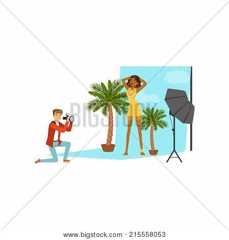 Kneeling photographer taking picture of model by his camera. Black woman posing on blue backdrop with skies and decorative palm trees. Flat male and female characters. Cartoon vector illustration.