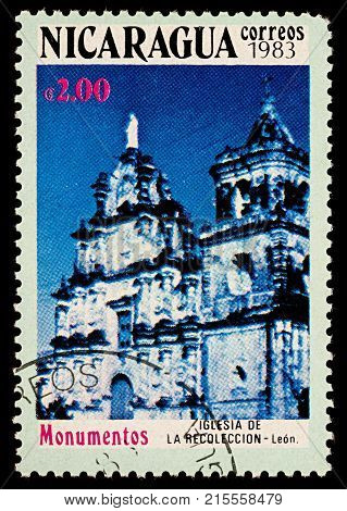 Moscow Russia - November 26 2017: A stamp printed in Nicaragua shows Church "La Recoleccion" in Leon series "Monuments" circa 1983