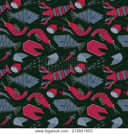 Seafood vector seamless pattern. Wallpaper with fish lobster shrimp salmon and mussels. Healthy ocean meals flat styly background.