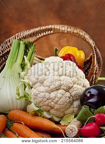 Basket full of various fresh organic vegetables from the garden