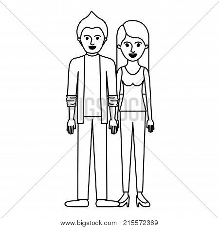 couple monochrome silhouette and him with shirt and jacket and pants and shoes with short hair and her with t-shirt sleeveless and pants and heel shoes with long straight hair vector illustration