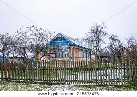 Ivanovo oblast Russia - November 11 2017: the Beautiful rustic house decorated with wooden carvings 11 Nov 2017 Ivanovo oblast Russia.
