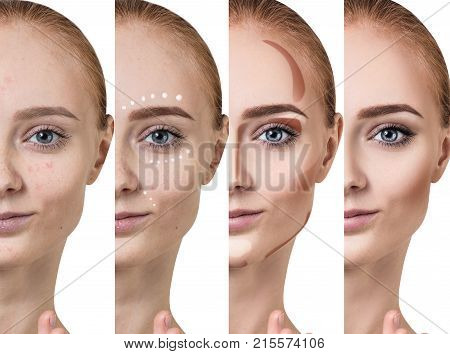 Young redhead woman applying make-up step by step. Before and after make-up.