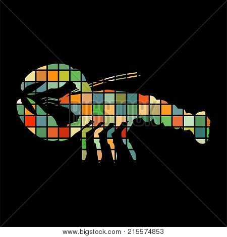 Crayfish mosaic color silhouette aquatic animal background black. Vector Illustrator