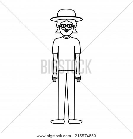 man with hat and glasses and t-shirt and pants and shoes with mid length hair and beard in monochrome silhouette vector illustration