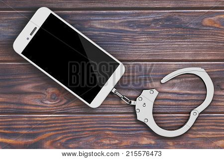 Mobile Phone Chained to Metal Handcuffs on a wooden table. 3d Rendering