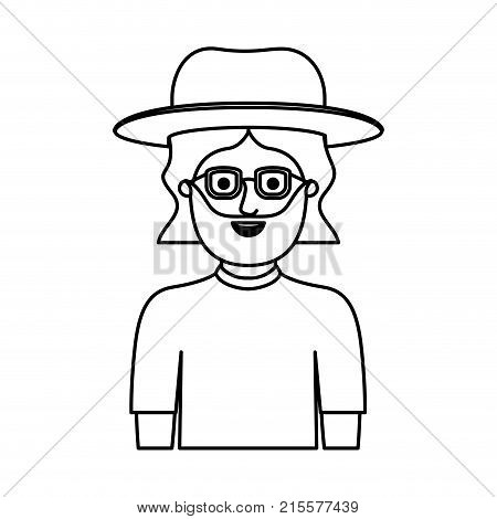 man half body with hat and glasses and t-shirt with mid length hair and beard in monochrome silhouette vector illustration