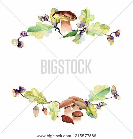 Forest acorn wreath in a hand drawn watercolor style. Aquarelle acorn for background, texture, wrapper pattern, frame or border.