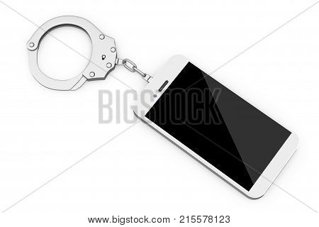 Mobile Phone Chained to Metal Handcuffs on a white background. 3d Rendering