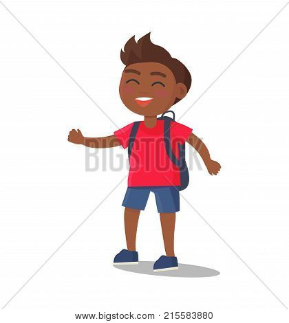 Smiling kid in red t-shirt and jeans shorts with rucksack vector illustration isolated on white. Happy child with pink cheeks cartoon character in flat style