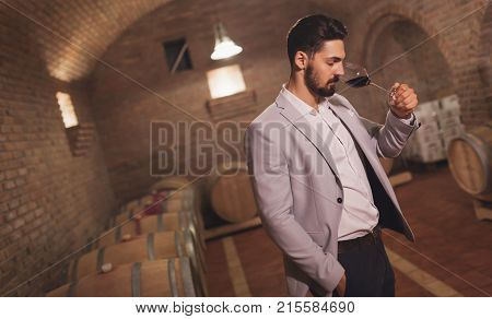 Oenologist tasting wines in wine grower cellar