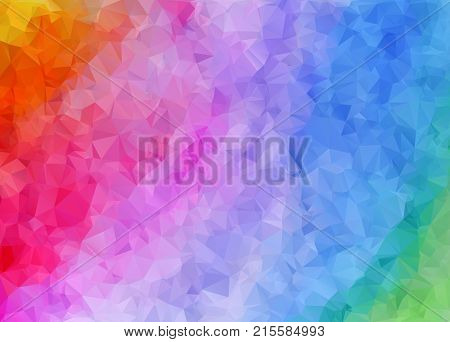 Abstract geometric colorful background of triangular polygons in rainbow colors. Retro mosaic triangle bright trendy pattern for web business template brochure card poster banner design.