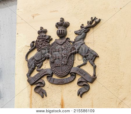 Sighisoara Romania October 08 2017 : Coat of arms on the wall of cafe La Scara (On The Ladder). Sighisoara city in Romania