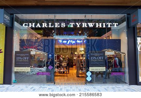 Bracknell, England - Nov 25, 2017: Exterior of the Charles Tyrwhitt store with people inside in the town of Bracknell, England. Charles Tyrwhitt is a British clothing retail company providing menswear via a chain of stores in the UK