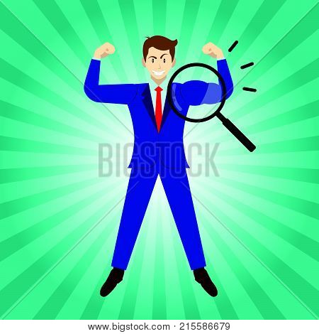 Business Concept As A Magnifying Glass Enlarges Arm Of Businessman Being Muscular. It Means Revealing True Strength Of Self Performance For Entrepreneurship Management Leadership And Achievement.