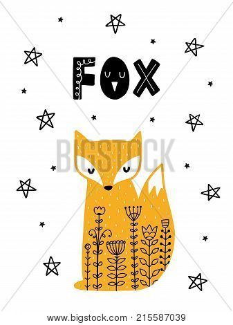 Colorful childish vector card. Lettering with illustration in Scandinavian style. Creative poster with fox and phrase.
