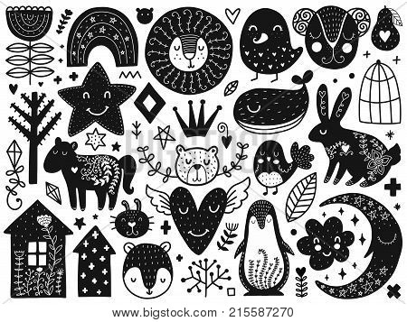 Scandinavian Kids Doodles elements. Monochrome vector items. Illustration with new year decor. Design for prints and cards.