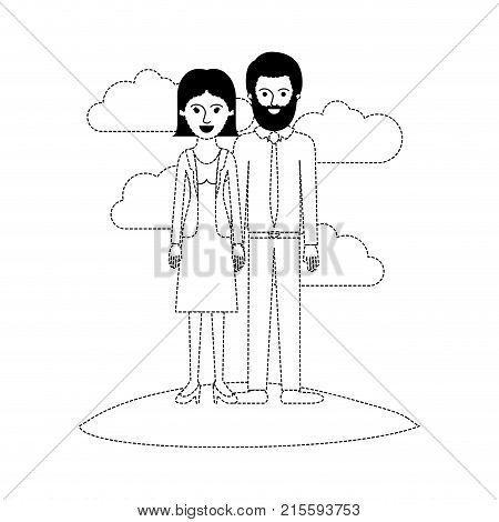 couple scene outdoor and her with blouse and jacket and skirt and heel shoes with short straight hairstyle and him with shirt and tie and pants and shoes with short hair and bearded in black dotted silhouette vector illustration