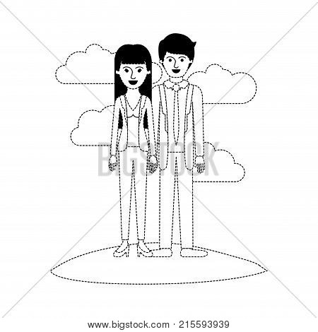 couple scene outdoor and her with blouse and jacket and pants and heel shoes with straight long hair and him with suit and tie and pants and shoes with short hair in black dotted silhouette vector illustration