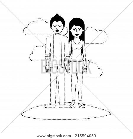 couple scene outdoor and him with shirt and jacket and pants and shoes with short hair and her with t-shirt sleeveless and pants and heel shoes with long straight hair in black dotted silhouette vector illustration