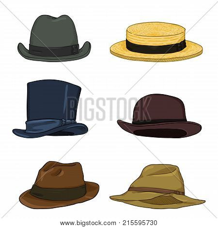 Vector Set Of Cartoon Classical Types Hats. Homburg, Kanotie, Cylinder, Bowler, Fedora, Trilby.